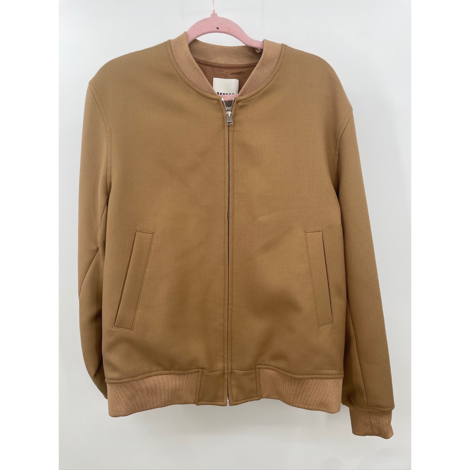 Sandro Zip Up Varsity Jacket Mens Size Xl Camel Brown Long Sleeve New Teddy
